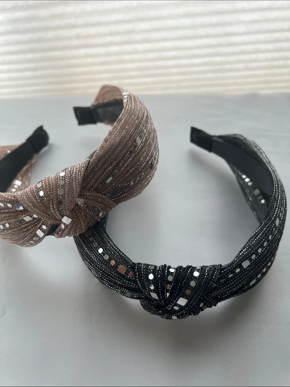 Shimmering Sequin and Bead Accent  Knotted Headband - Black and Tan set of 2